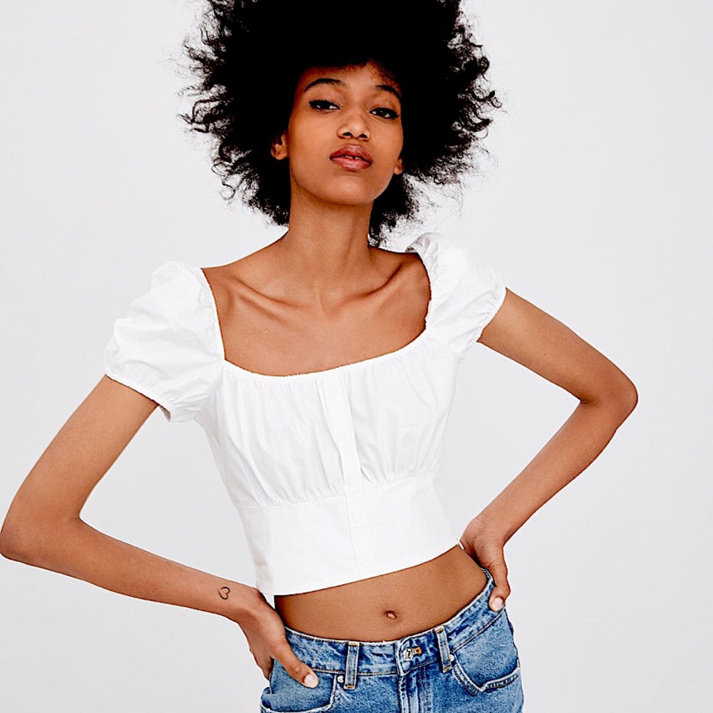 white puff sleeve square neck crop top